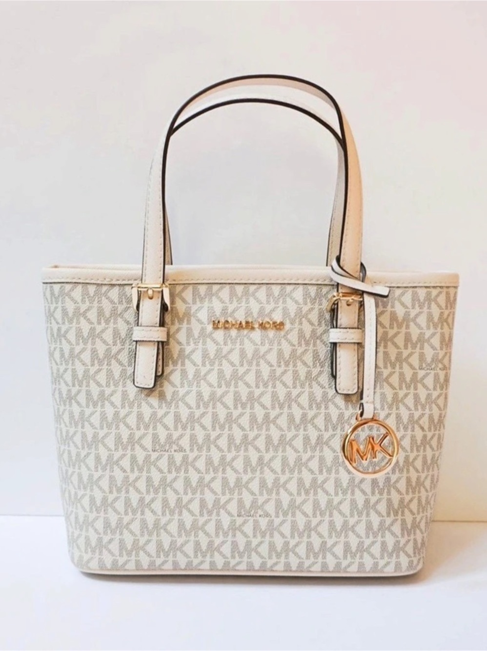 Michael Kors Jet Set Travel Medium Top-Zip Tote Bag White & Gold